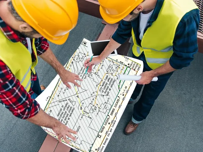 Two construction supervisors in hard hats reviewing site and utility plans on a Windsor job site