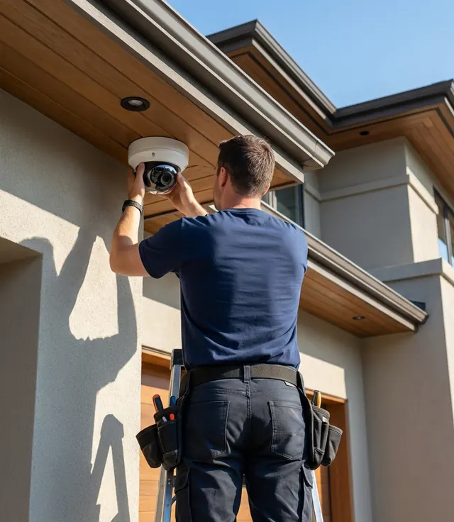 Technician installing a security camera under the eaves of a modern building